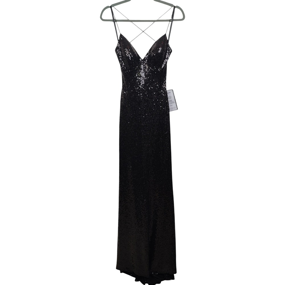 B. Darlin Womens Gown 9 10 Black Sequin V-Neck Open Back Prom Formal Glam Prom - Picture 2 of 9